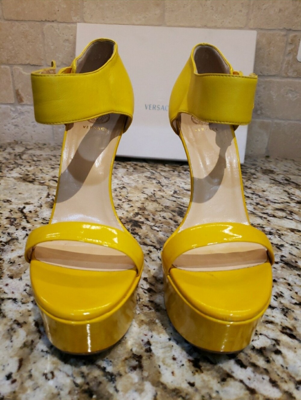 Versace Yellow Patent Platform Ankle-Strap Heels - Picture 3 of 12